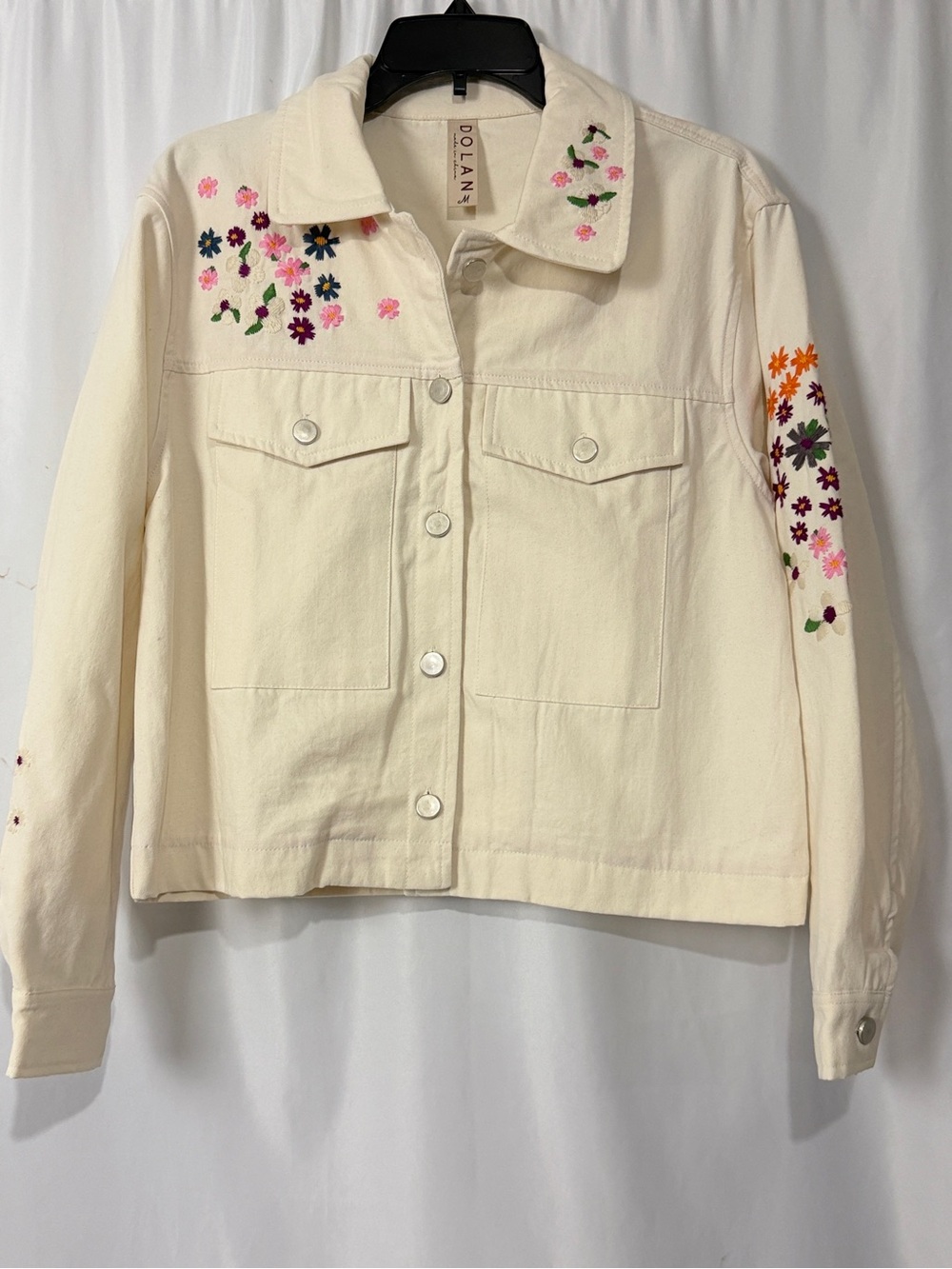 Dolan Anthropologie Floral Embroidered Trucker Jacket Cream Boho Medium NWOT